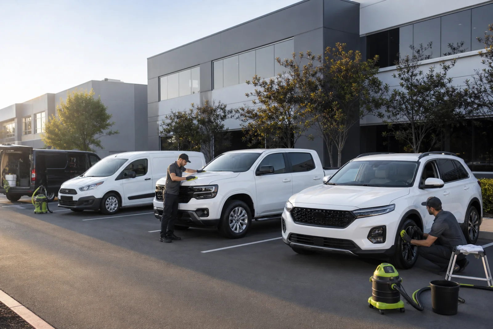 A fictional mobile detailing crew servicing several work vehicles