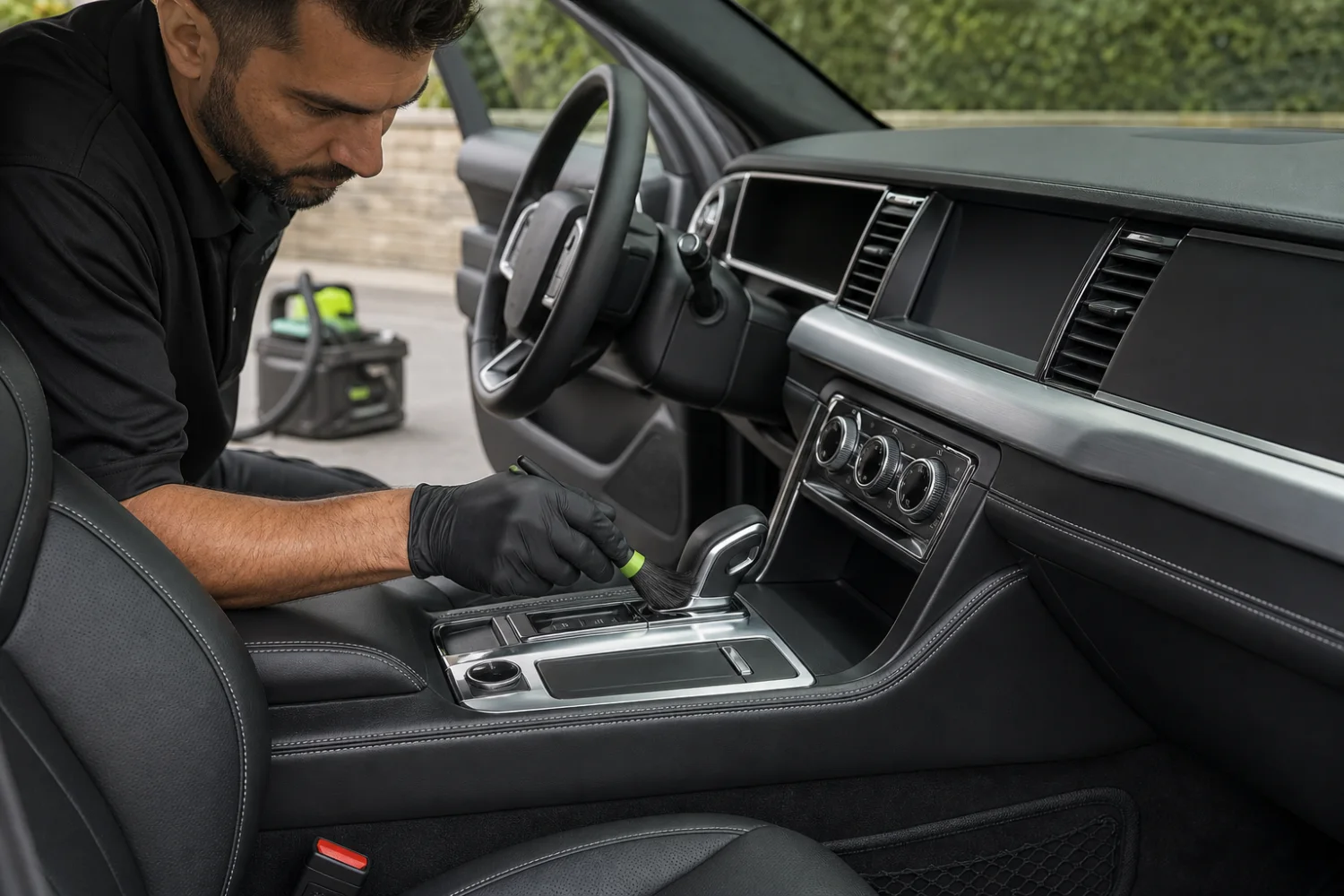 A professional detailer carefully cleaning a vehicle center console
